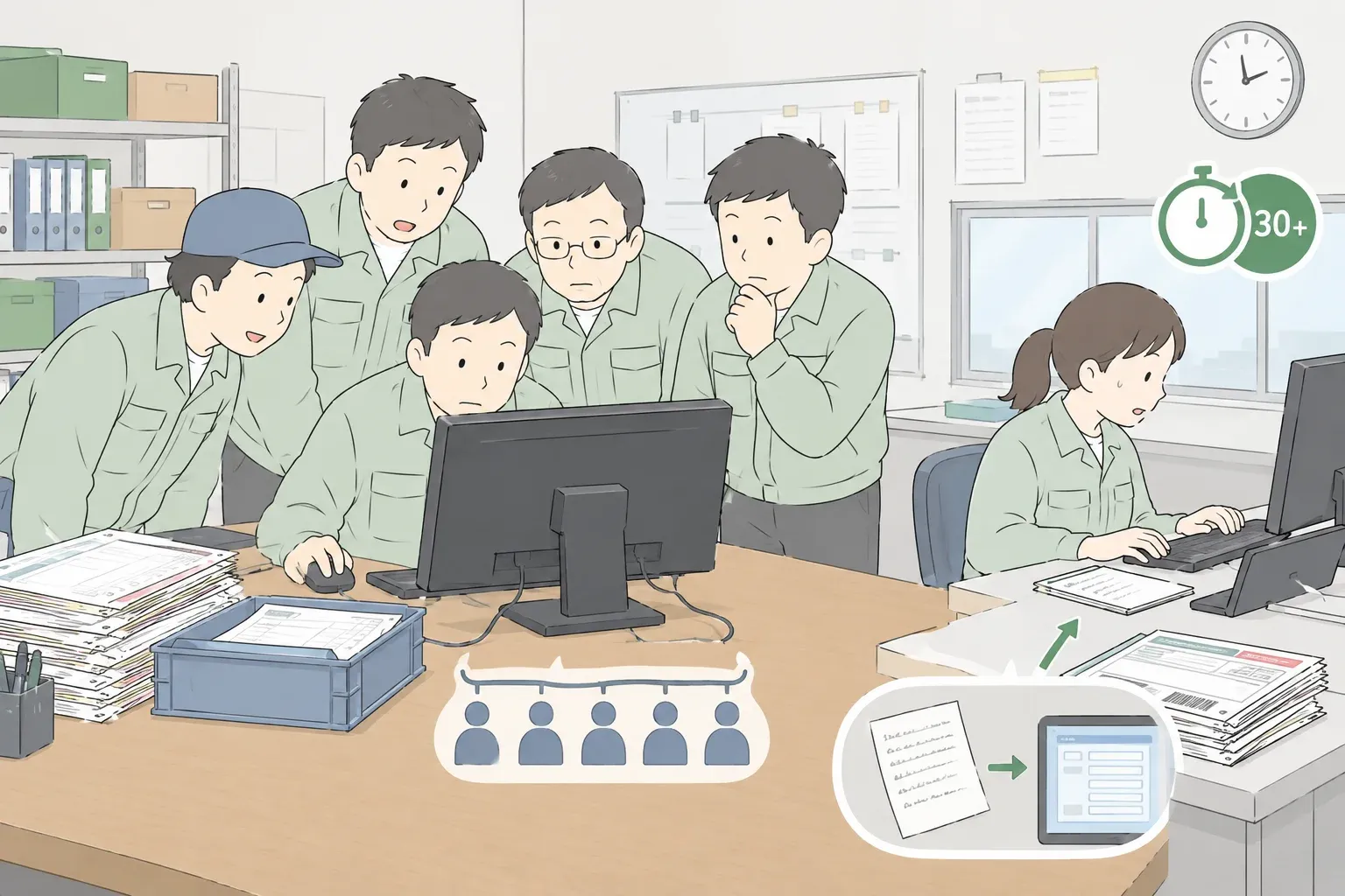 導入前の分荷作業のイメージ。1台の端末を5名で共有し、手書きメモを事務員が手打ちしていた