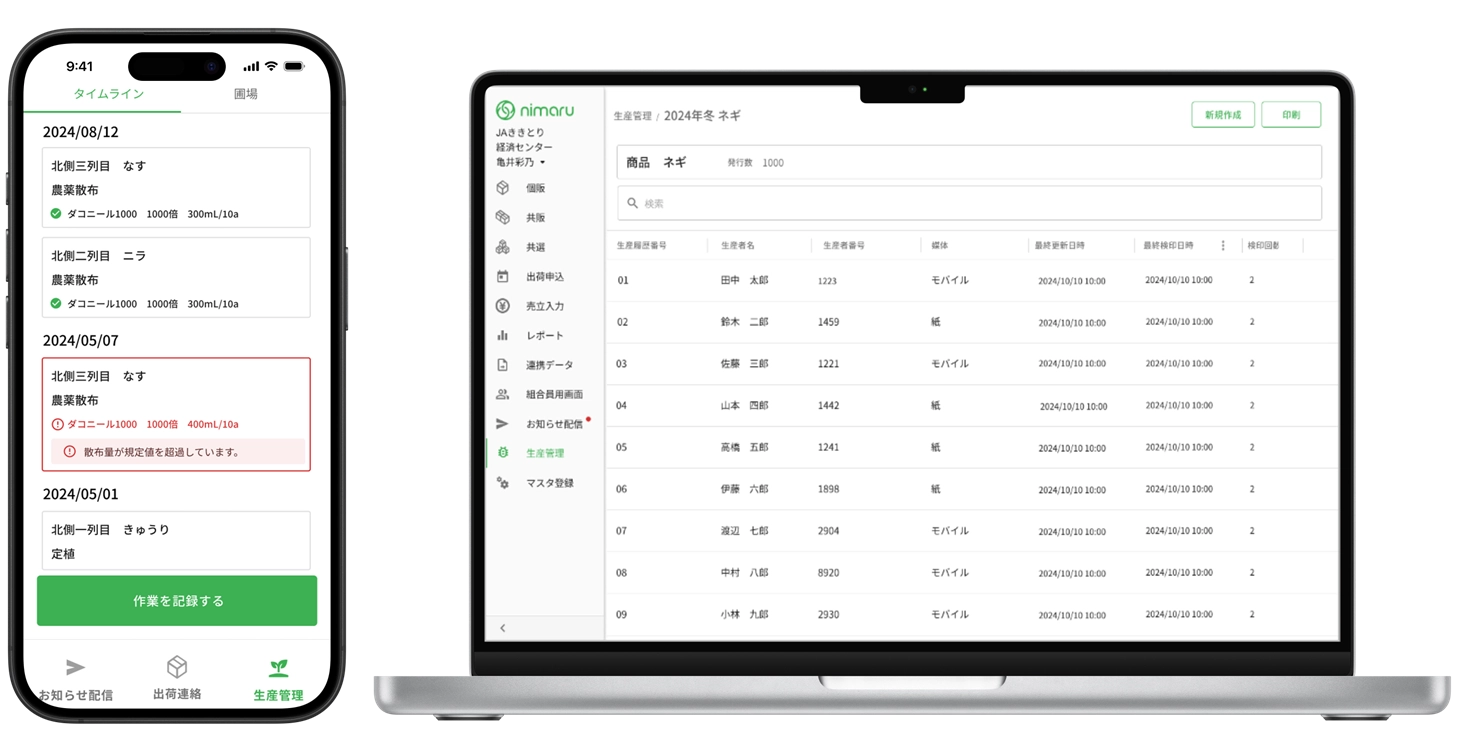 nimaruJA 生産管理の画面
