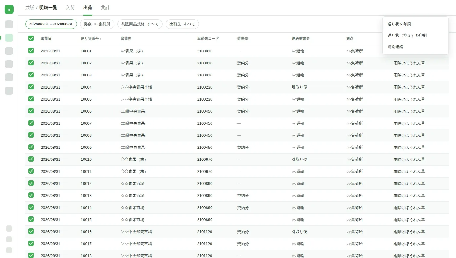 nimaruJAの出荷明細一覧のイメージ。出荷先ごとの送り状を一括操作で印刷できる（表示内容はダミーです）